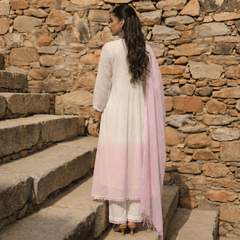 WHITE AND PINK MUL MUL A - LINE KURTA WITH PANT AND DUPATTA - Tevar Studio