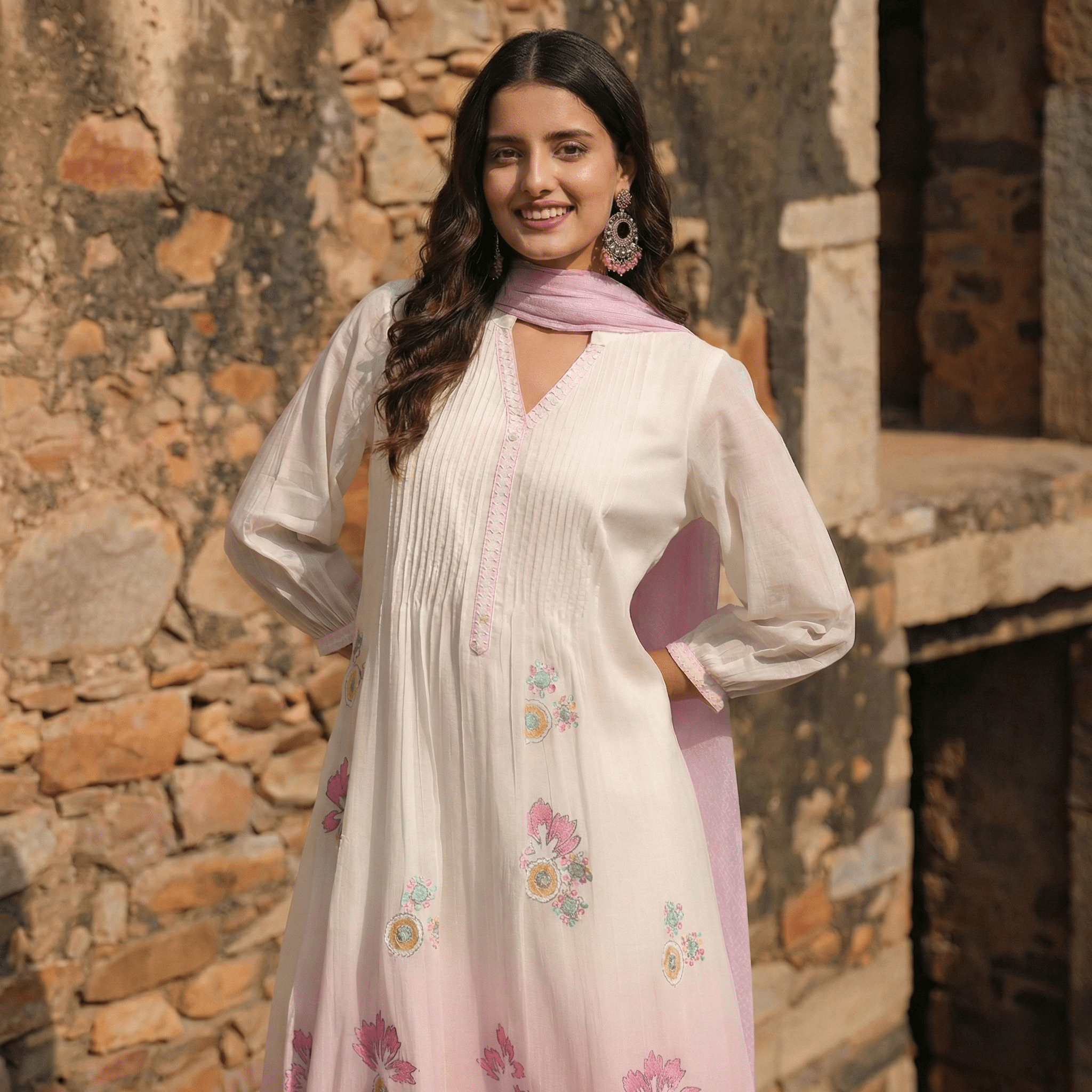 WHITE AND PINK MUL MUL A - LINE KURTA WITH PANT AND DUPATTA - Tevar Studio