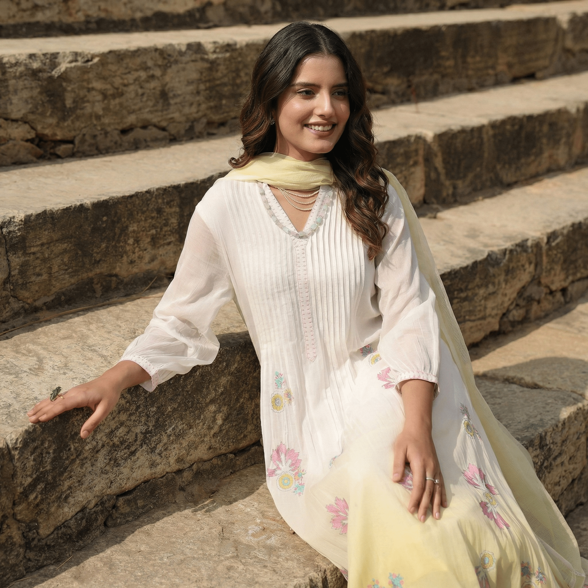 WHITE AND YELLOW MULMUL A - LINE KURTA WITH PANT AND DUPATTA - Tevar Studio