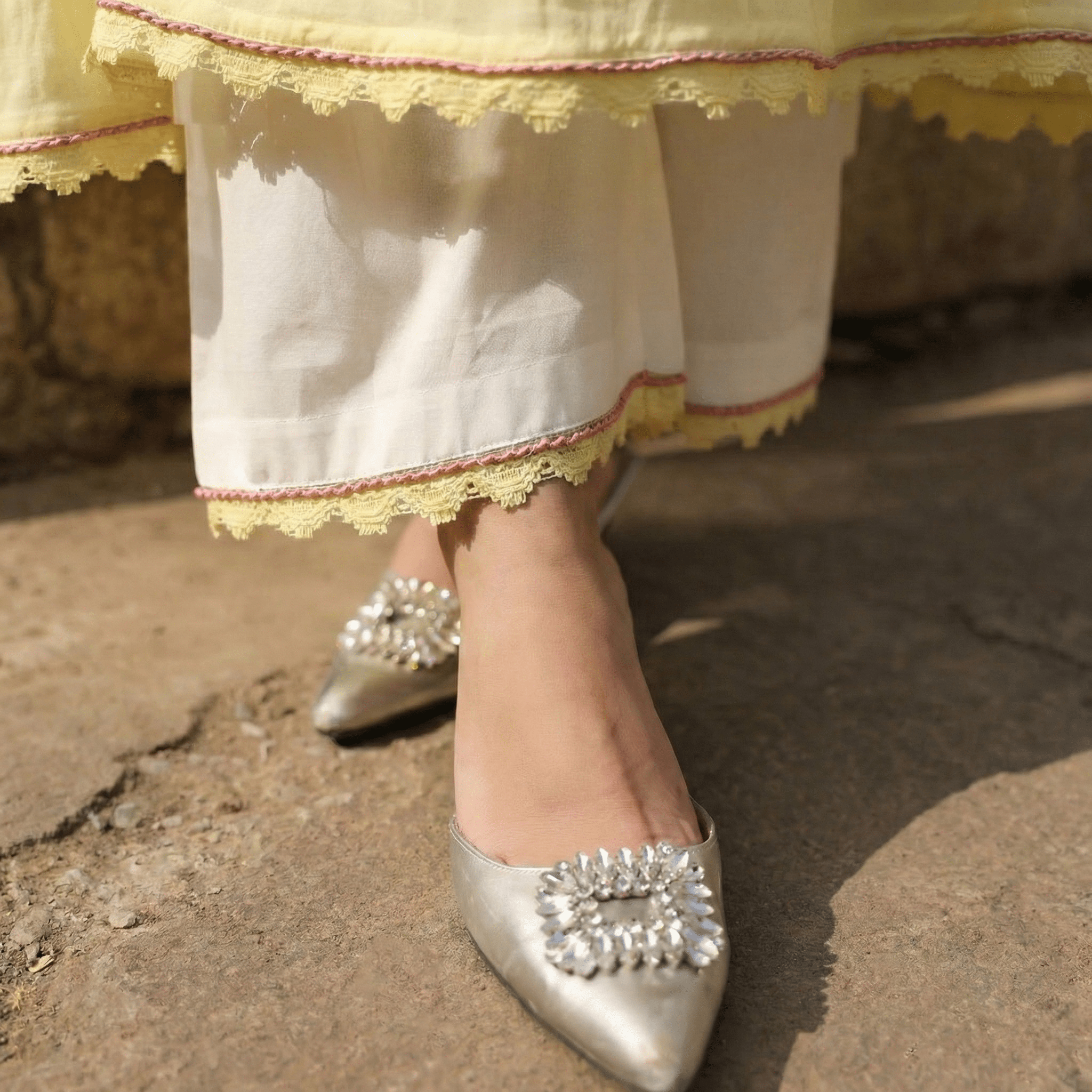 WHITE AND YELLOW MULMUL A - LINE KURTA WITH PANT AND DUPATTA - Tevar Studio