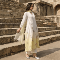 WHITE AND YELLOW MULMUL A - LINE KURTA WITH PANT AND DUPATTA - Tevar Studio