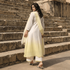 WHITE AND YELLOW MULMUL A - LINE KURTA WITH PANT AND DUPATTA - Tevar Studio