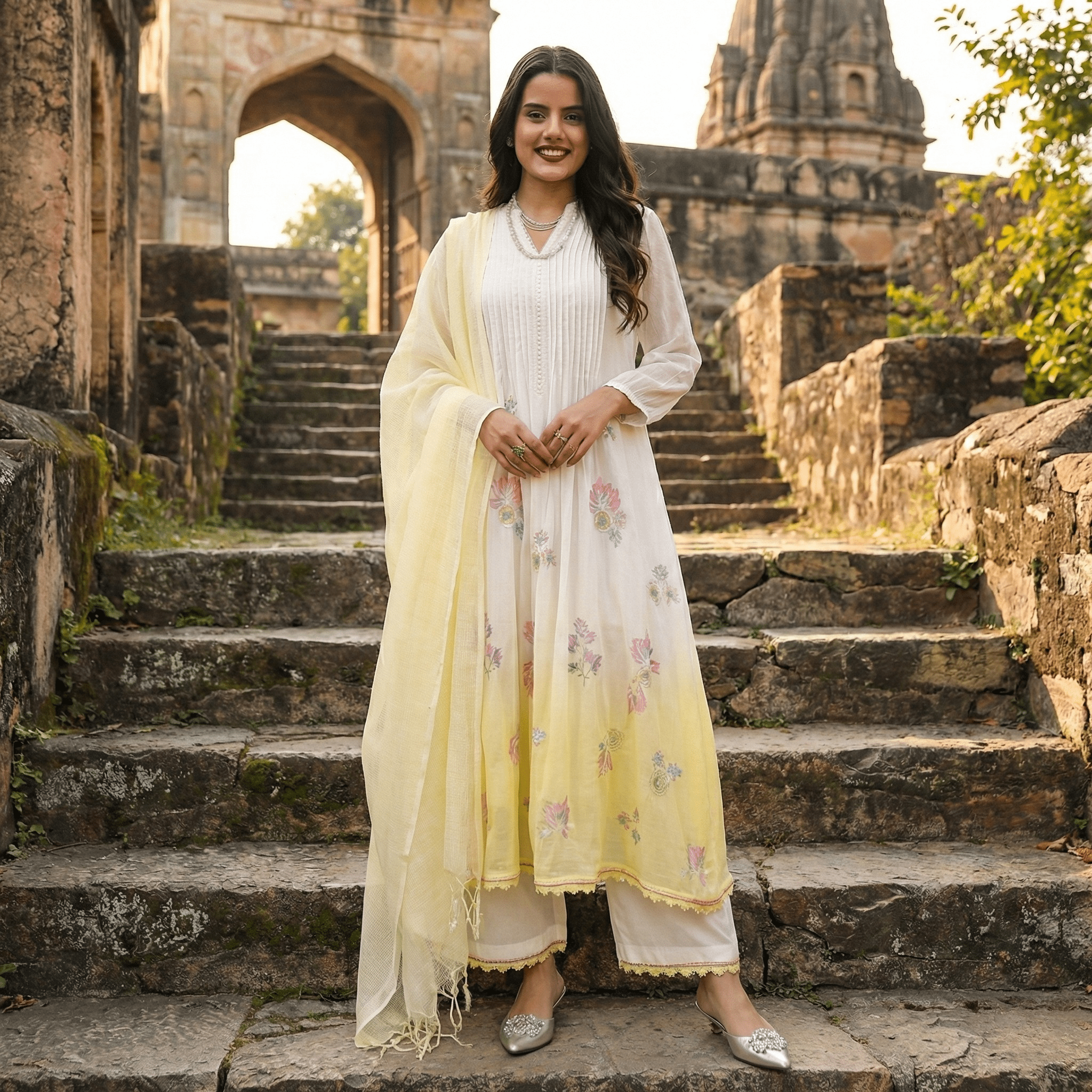 WHITE AND YELLOW MULMUL A - LINE KURTA WITH PANT AND DUPATTA - Tevar Studio