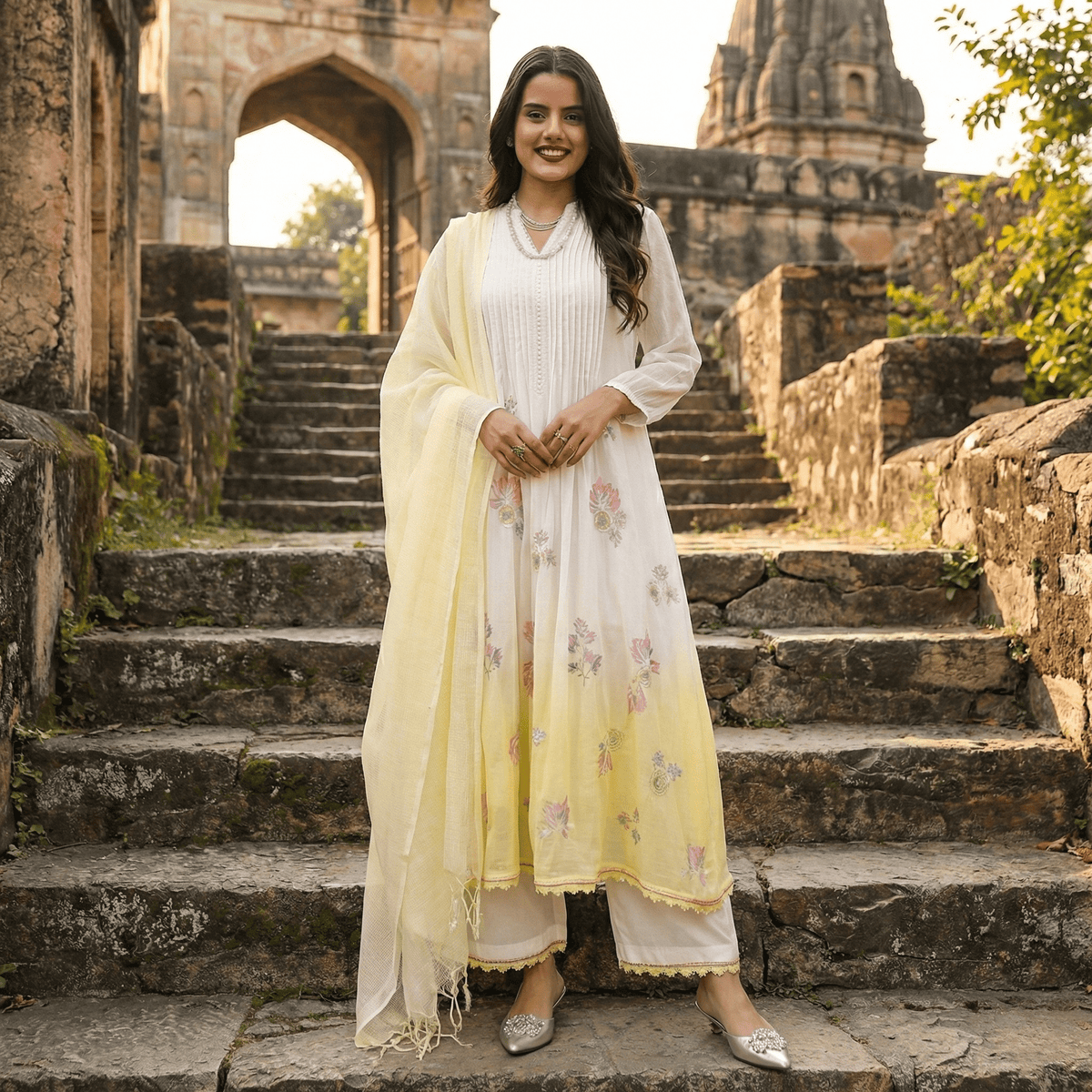 WHITE AND YELLOW MULMUL A - LINE KURTA WITH PANT AND DUPATTA - Tevar Studio