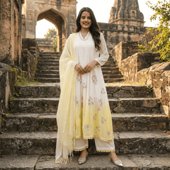 WHITE AND YELLOW MULMUL A - LINE KURTA WITH PANT AND DUPATTA - Tevar Studio