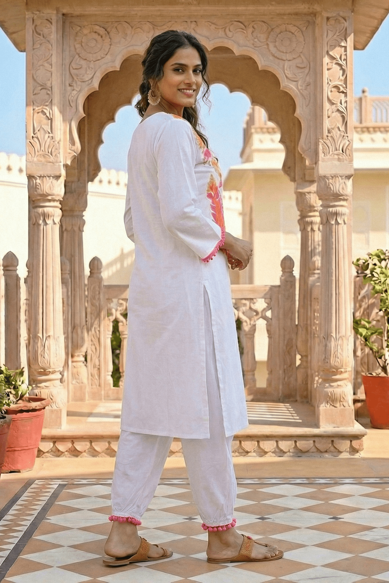 White Pink Embroidered Co - ord Set - Tevar Studio